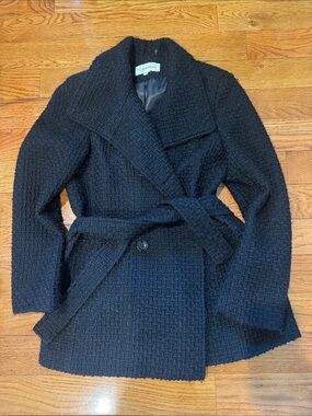 Calvin Klein Black Textured Belted Pea Coat